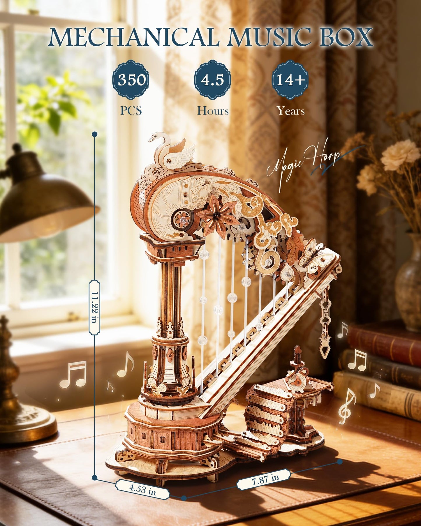 ROKR 3D Wooden Puzzle Harp Music Box, Building Model Kit with Mechanical Movement, Gift for Adults Women, Elegant Home Decor for Desk & Shelf