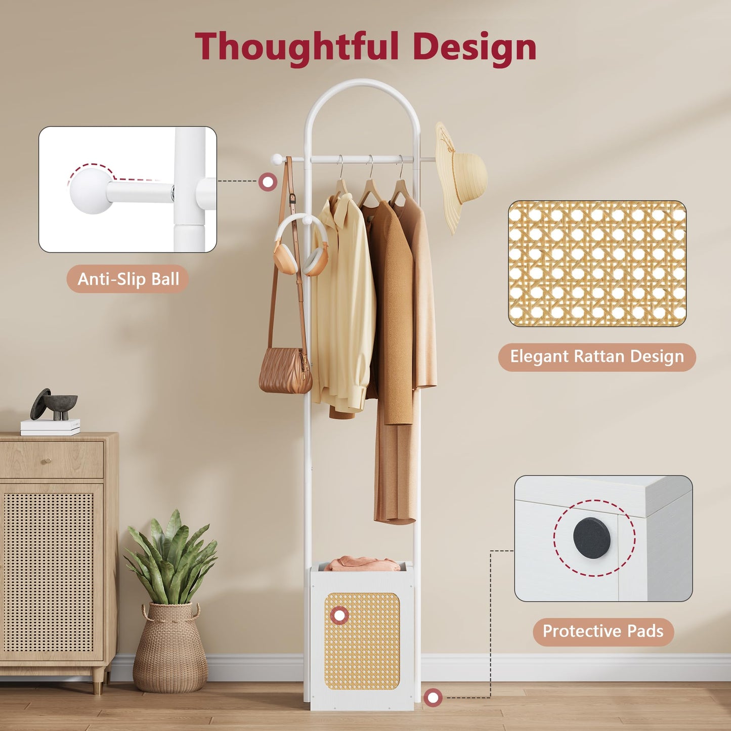 Tajsoon Coat Rack Freestanding, Coat Stand with Wooden Storage Basket, Coat Tree with 6 Hooks, Rattan Coat Hanger Stand for Living Room, Bedroom, Office, White