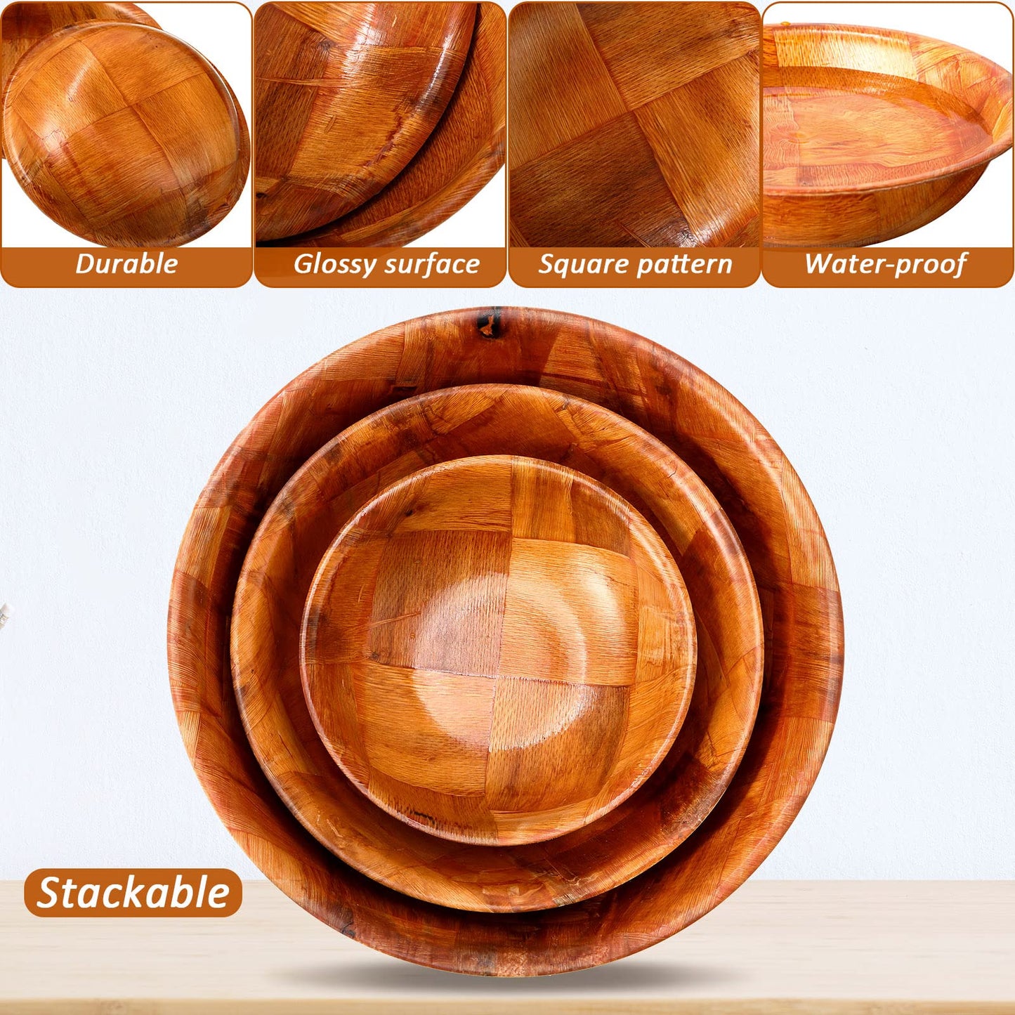 Didaey 12 Pcs Wooden Salad Bowl Set Wooden Bowls for Snack Wood Stackable Round Serving Woven Bowl for Kitchen Meal Party and Salad Fruit Vegetable Snack, 6/8/10 Inch
