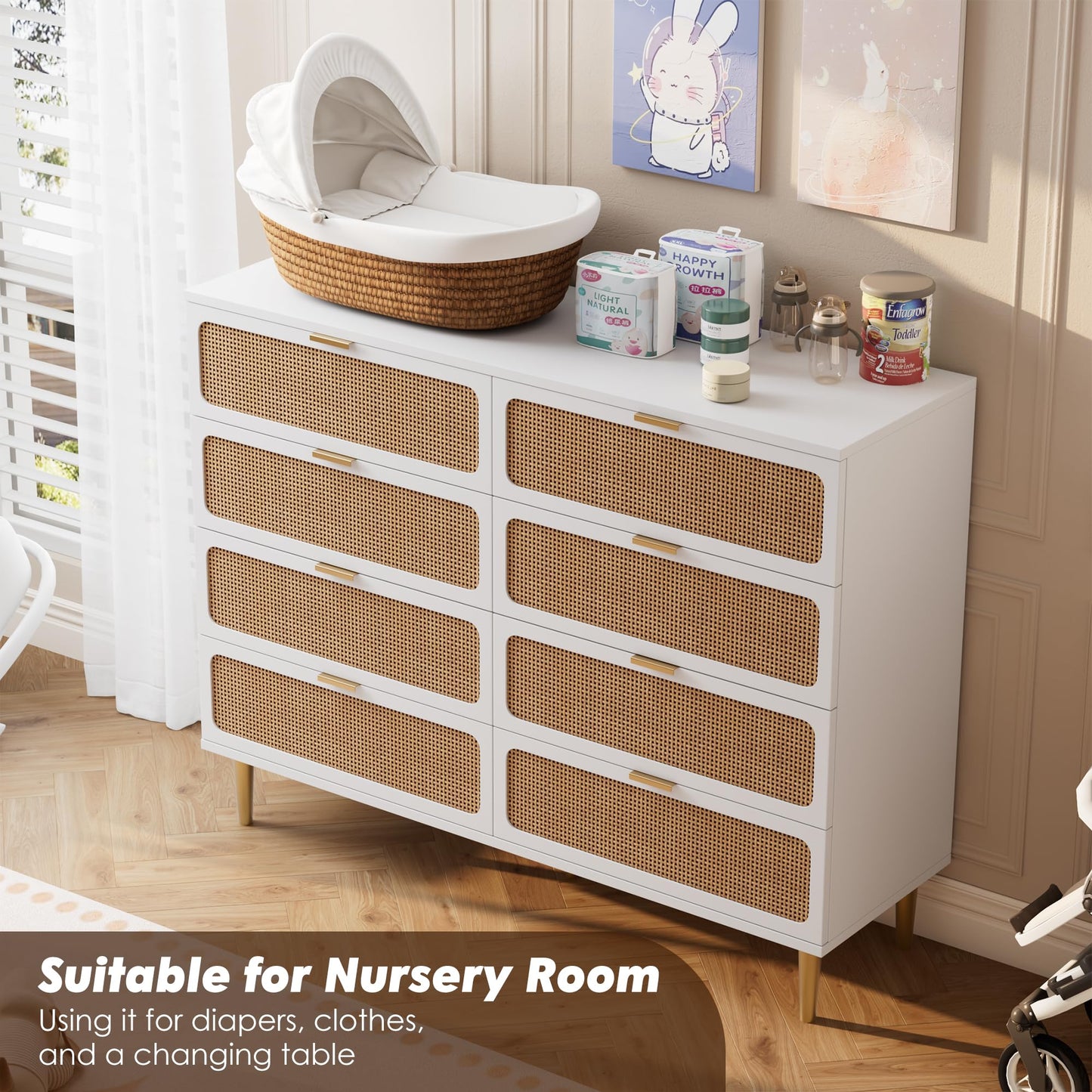 GarveeHome Rattan 8 Drawer Dressers for Bedroom, Tall Dresser with Deep Drawers, Large Chest of Drawers for Closet with Wide Top, Long Wooden Dresser for Living Room, Hallway, Kids Room, White