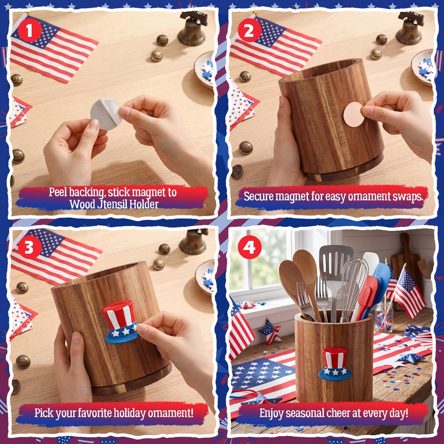 Roowest Seasonal Kitchen Decoration Interchangeable Acacia Wood Utensil Holder for Kitchen Counter 360° Rotating 6.7" Wooden Cooking Utensil Crock with Magnetic Ornament for Countertop Farmhouse