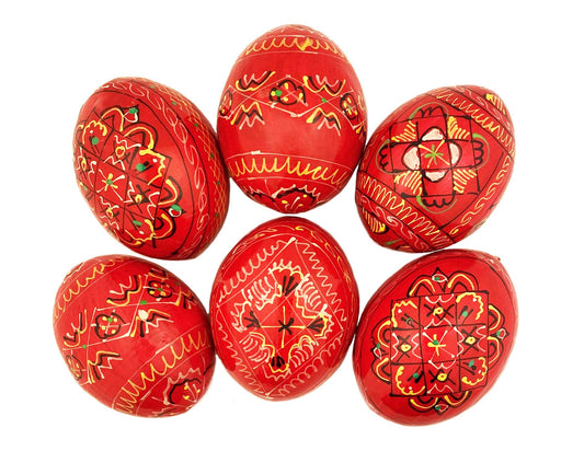 Needzo Pysanky Pisanki Hand Painted Ukrainian Wooden Easter Eggs - Pack of 6, Red - 2 5/8 Inch