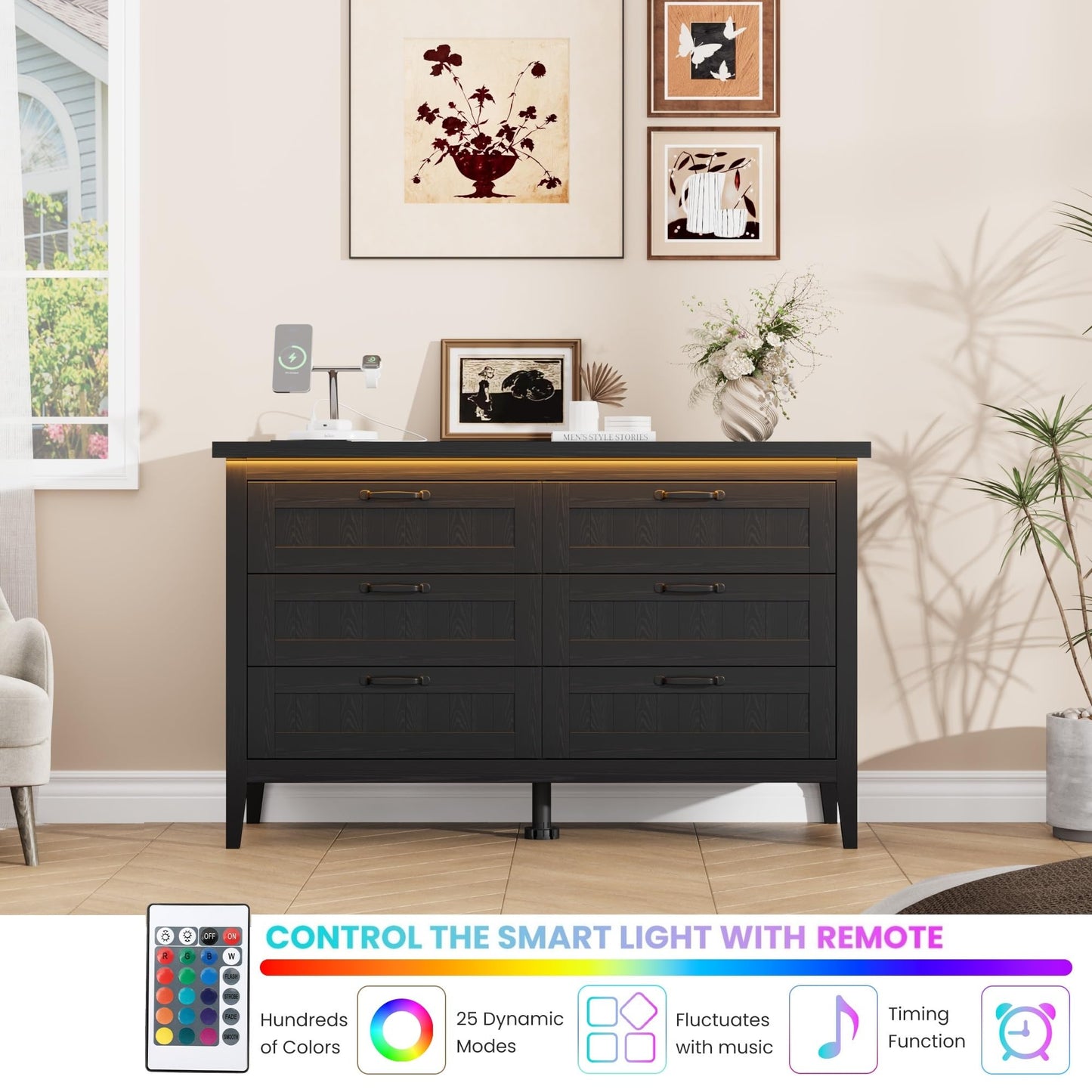IDEALHOUSE 6 Drawer Dresser with Charging Station & LED Lights