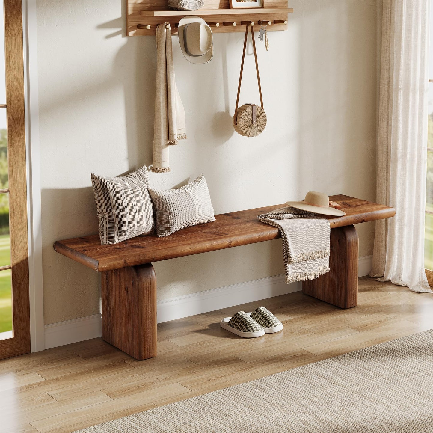 TRIBEWOOD 62.99-Inch Solid Wood Entryway Bench, Farmhouse Indoor Wooden End of Bed Bench for Entryway, Hallway, Bedroom, Dining Room, Living Room, Easy Assembly, Rustic Brown