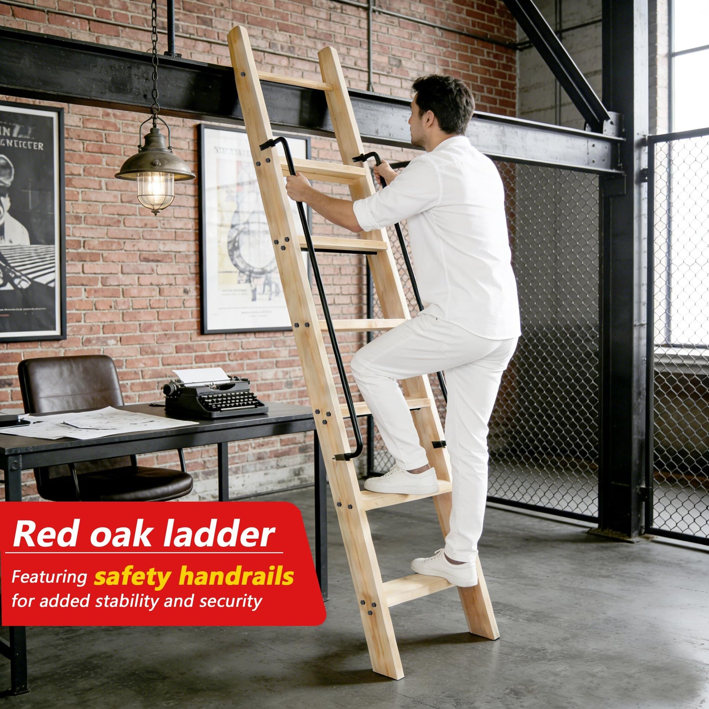 104RDHOUSE 87in Attic Rolling Library Ladder, 7 Step Wooden Ladder with,Ladder Bookshelf,Wall Stairs Red Oak Stair Platform Bunkbed Ladder,for Home Kitchen,Warehouses,Bookstore,DIY Stain