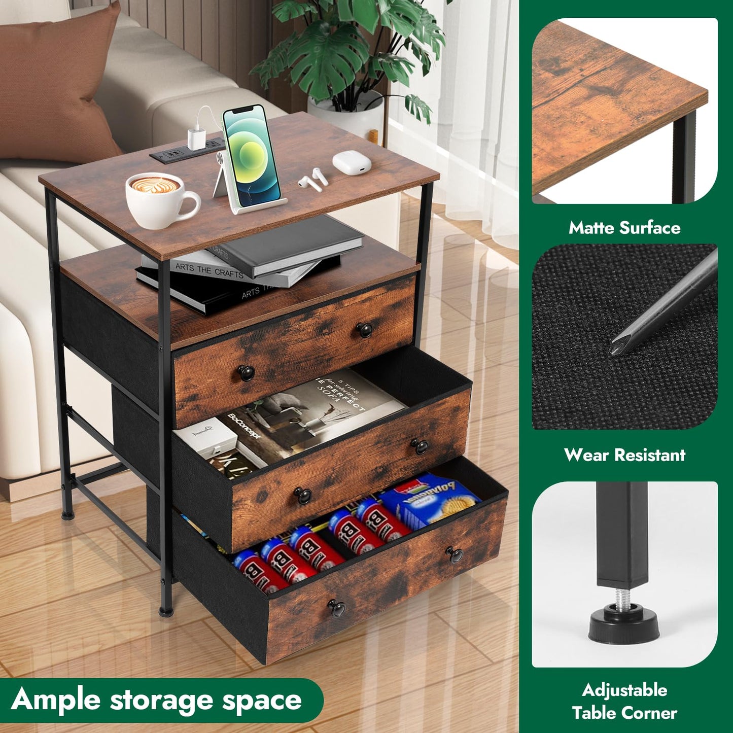 PATAVOT 3 Drawers Dresser with Charging Station, 24 Inch Wide LED Night Stand with Adjustable Fabric Drawer, Nightstand with Storage Shelf for Living Room/Bedroom/Office, Rustic Brown.