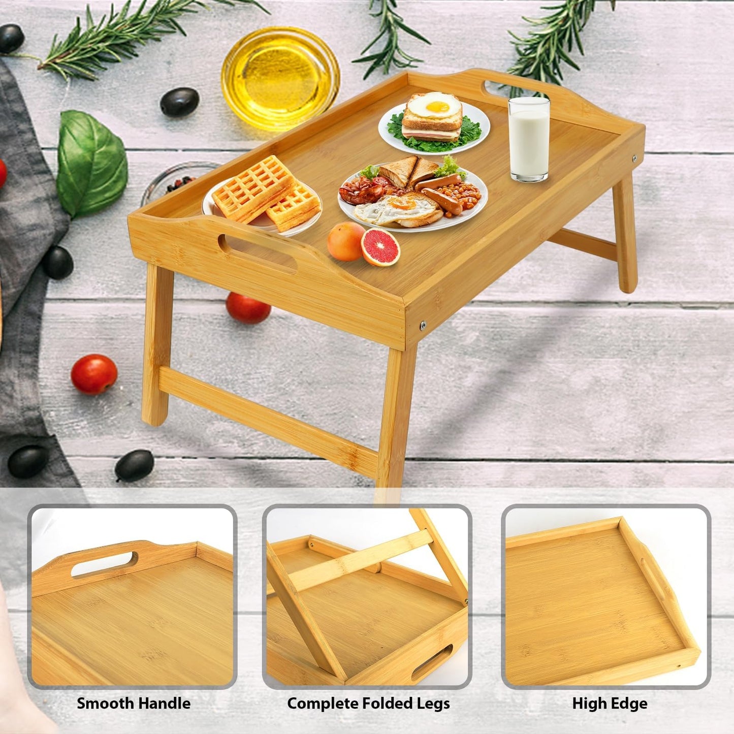 MorTime Bed Tray Table with Folding Legs, Bamboo Breakfast Tray with Handles for Bed, Sofa, Eating, Working, Foldable Laptop Desk Food Snack Tray Serving Tray