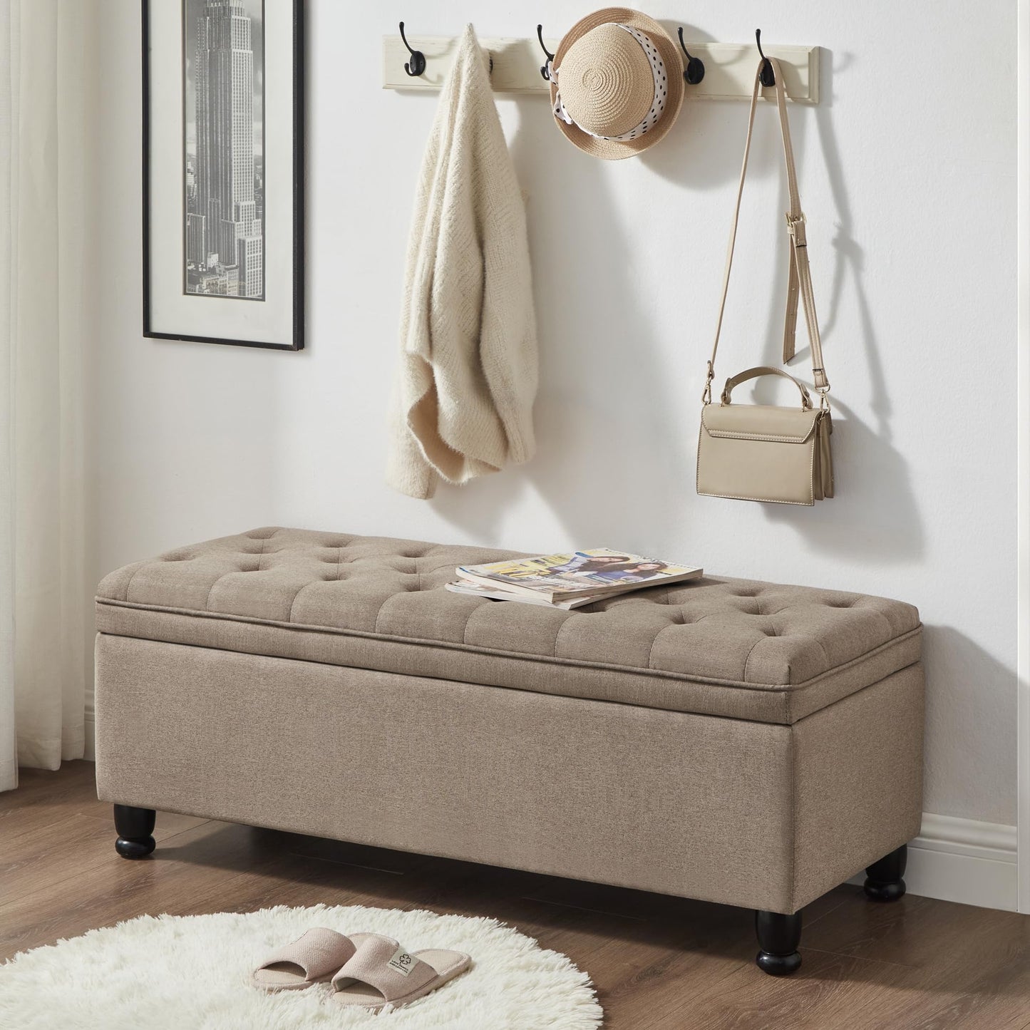 Jintop 45" Comfortable Seating Tufted Buttons Bench with Storage, Entryway Ottoman W/Spindle Wooden Legs,Footrest Stool for Living Room,Bedroom,Linen