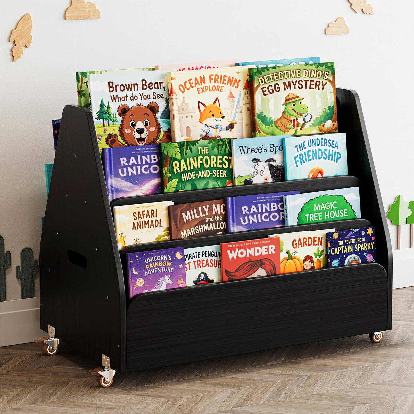 SpaceAid Double-Sided Mobile Bookshelf, Montessori Bookcase for Toddlers, Wooden Book Storage Organizer Shelf Furniture for Kids Rooms, Playroom, Nursery and Classroom, 29.5“ Wide 4-Tier, Black