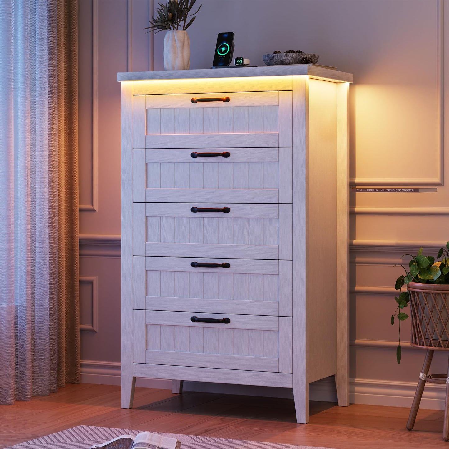 GarveeHome Farmhouse Tall 5 Drawer Dresser with Charging Station & LED Lights, Slim Wooden Bedroom Dresser, Rustic Chest of Drawers Clothes Storage Organizer for Closet Dorm Apartments, White
