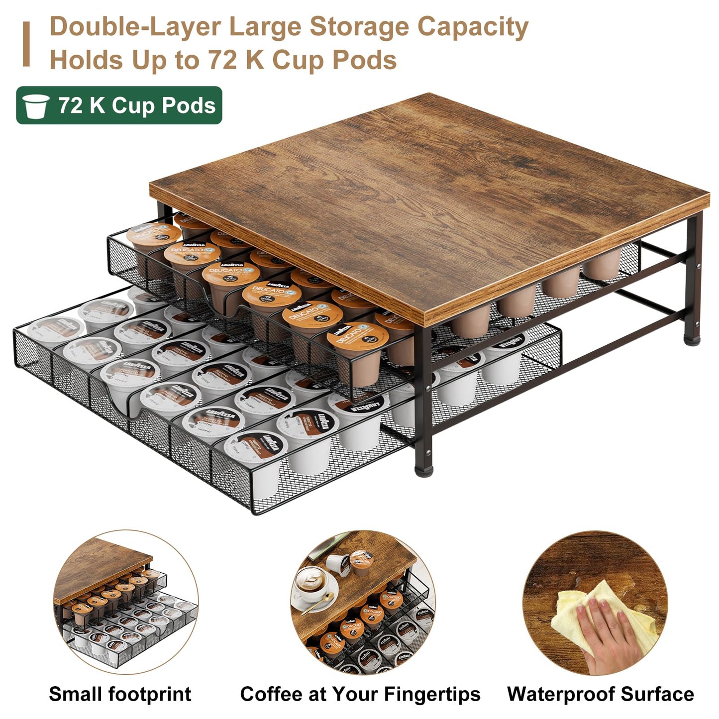 Coffee Pod Holder for Counter, 2-Tier K Cup Holder Organizer with Drawers