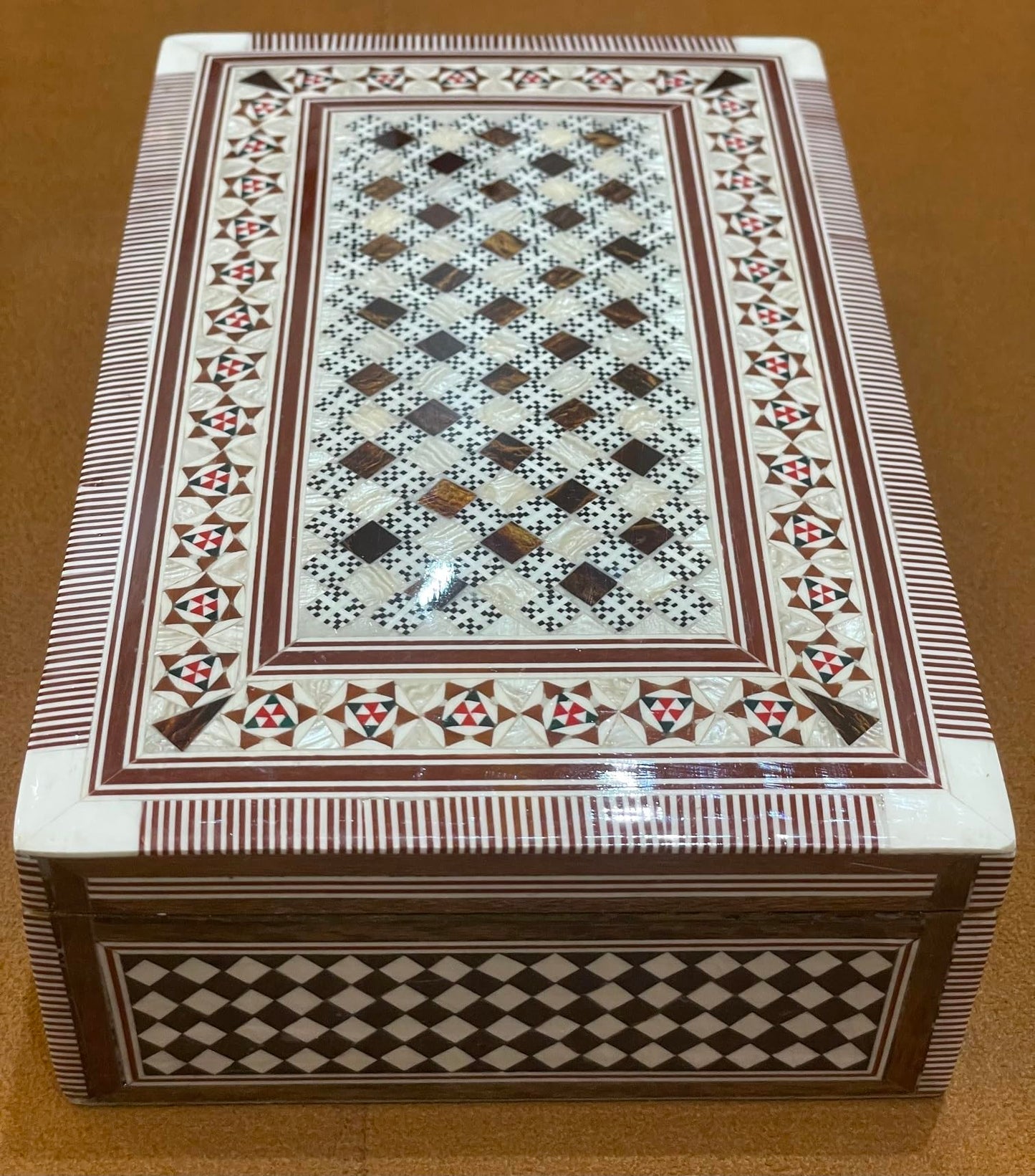 FAMA.store Handmade Egyptian Jewelry Box – Mother of Pearl Inlay – Decorative Wooden Trinket Box for Women Oriental Keepsake Storage Organizer (8 X 5 x 2.2 inch M13)