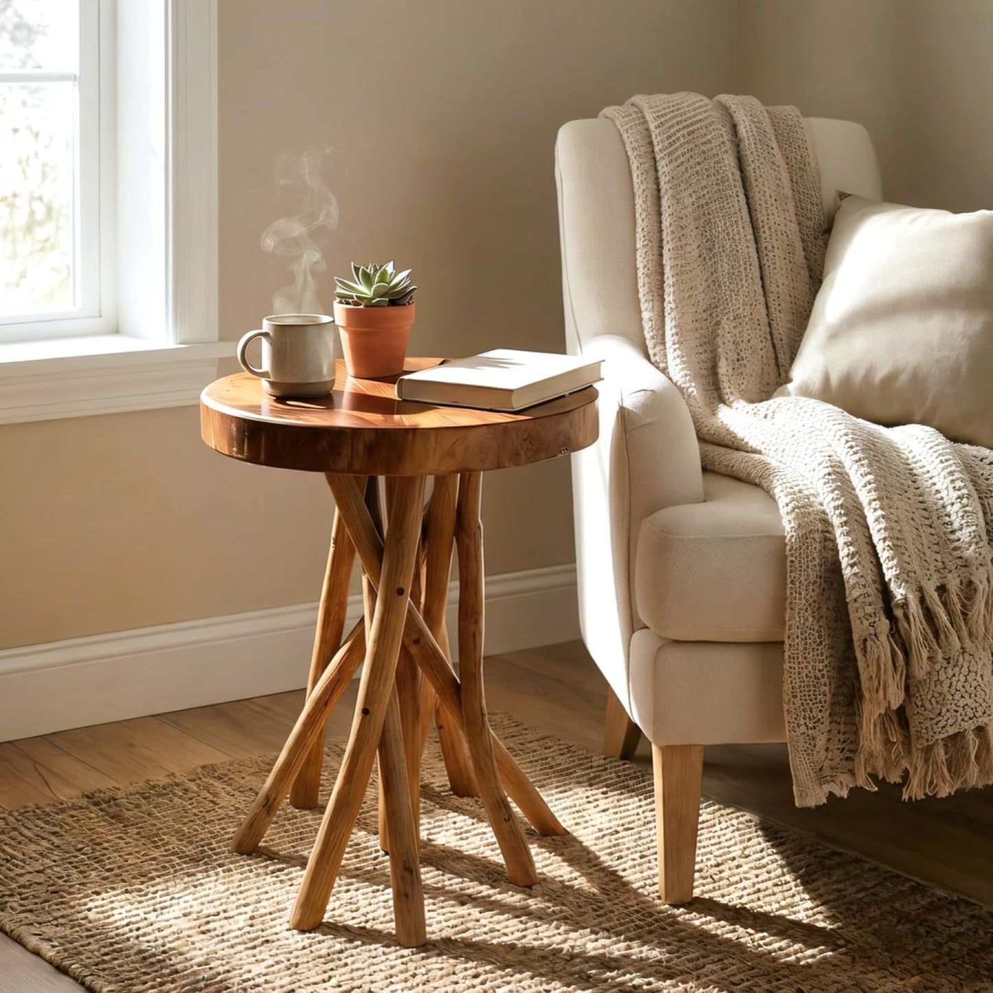 WELLAND Teak Wood Stick Leg End Table, 16" L x 16" W x 20" H Rustic Side Table, Small Accent Table, Plant Stand for Living Room, Bedroom, Home Office