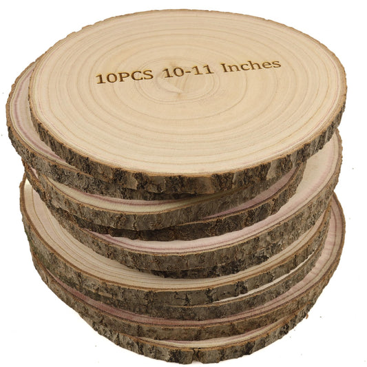 GRCEOY Natural Wood Slices for Centerpieces 10 pcs 10-11 Inches Large Wood Circles, Rounds, centerpieces for Tables Wedding Decor, Baby Showers and Rustic DIY Projects