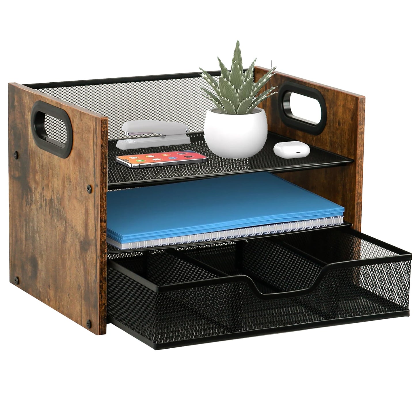 Boershun Wood Desk Organizer - 3-Tier Desktop File Organizer with Drawer, Wooden Paper Tray, Office Desk Organzier and Accessories for Papers, Mail, Notebooks, Stationery