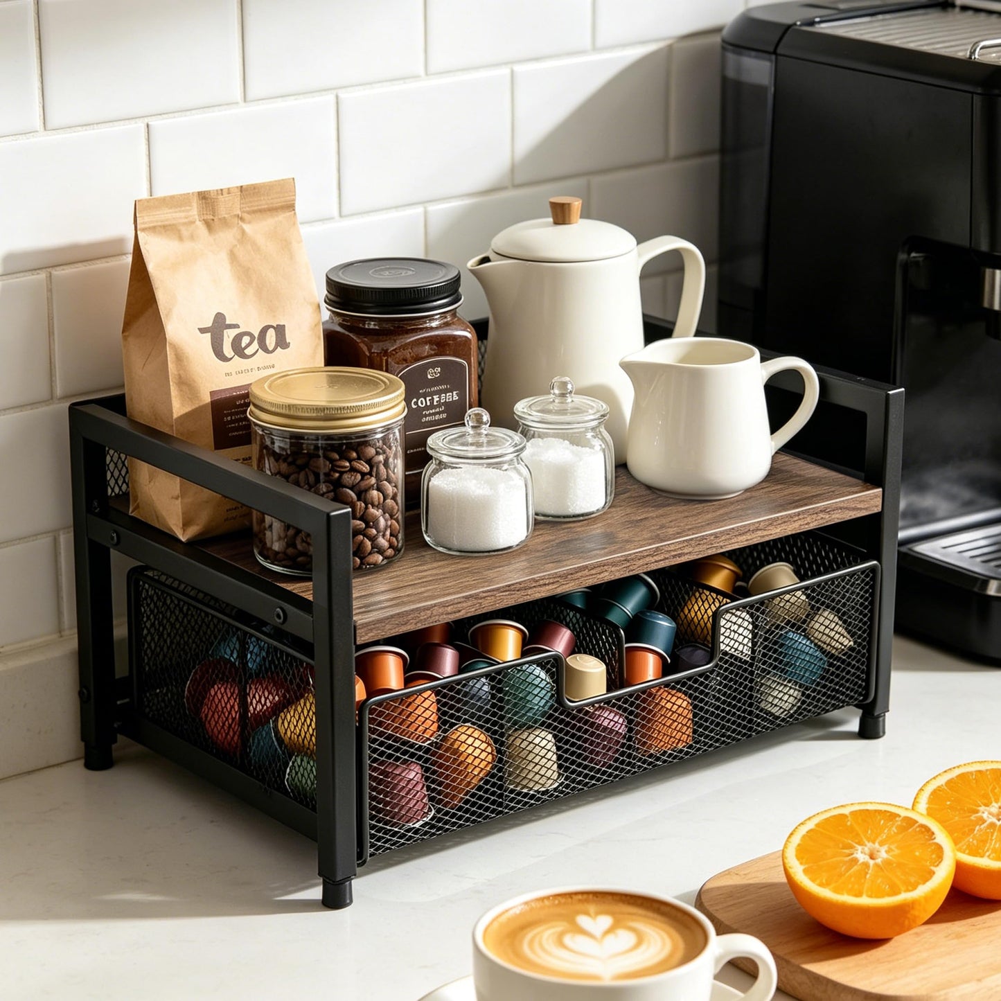 Uniqcovosa 2 Tier Tea Bag Organizer and Storage - 8 Drawer Sliding Tea Box Organizer, Tea Bar Accessories Organizer for Countertop, Bar Station, Kitchen (Rustic Brown)