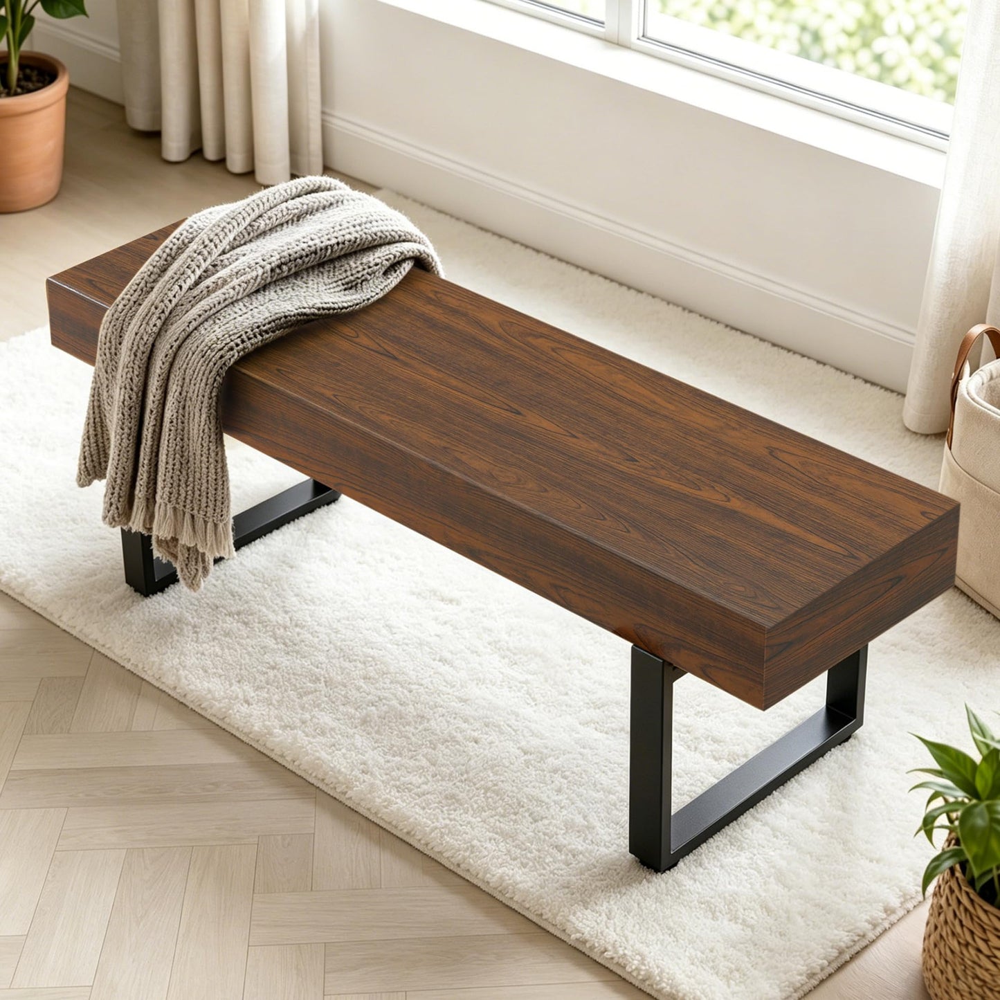 GDFStudio Modern Wooden Bench with Metal Legs, Entryway Shoe Bench Indoor, Dining Seating Bench with Thick MDF Top, Industrial Style Bedroom Bench, Sturdy Multi Use Furniture, Espresso