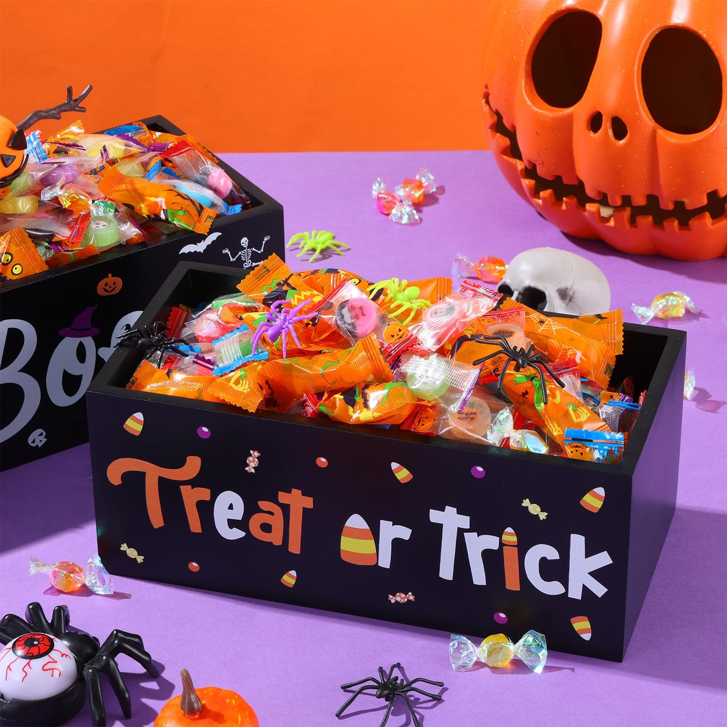 BOUTICOL 2 PCS Halloween Candy Bowl Dish Trick or Treat Wooden Candy Dish Holders Corn Spider Ghost Wood Candies Serving Bowl Tableware for Halloween Haunted House Corn Holiday Decor