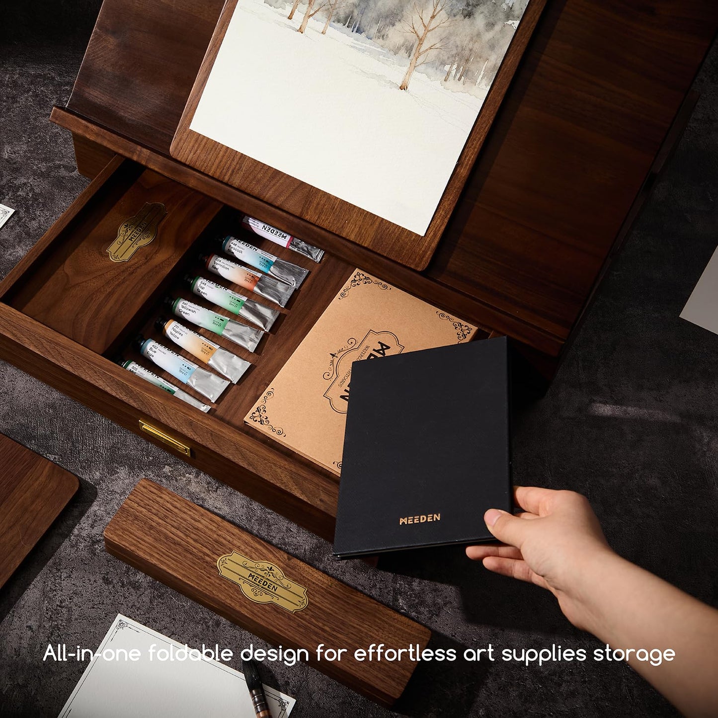 MEEDEN American Black Walnut Tabletop Easel Set - Luxury Art Supplies Kit with Storage Drawer, Drawing Board & Paint Box, Foldable Paint Sketchbox for Adults Artists - Art Gift for Painters & Artists