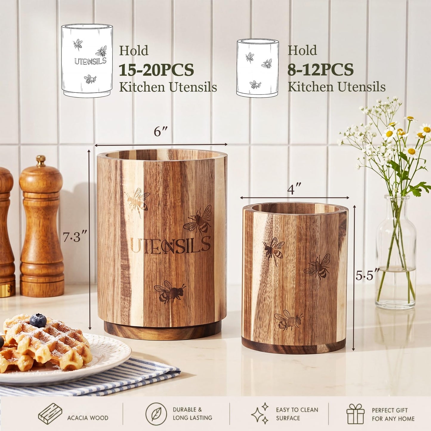 Hushee 2 Pack Acacia Wood Utensil Holder for Kitchen Counter, 360° Rotating 7.3inch Large Wooden Cooking Utensil Crock and 5.5 Inch Small Kitchen Tool Organizer for Countertop, Farmhouse Modern Decor