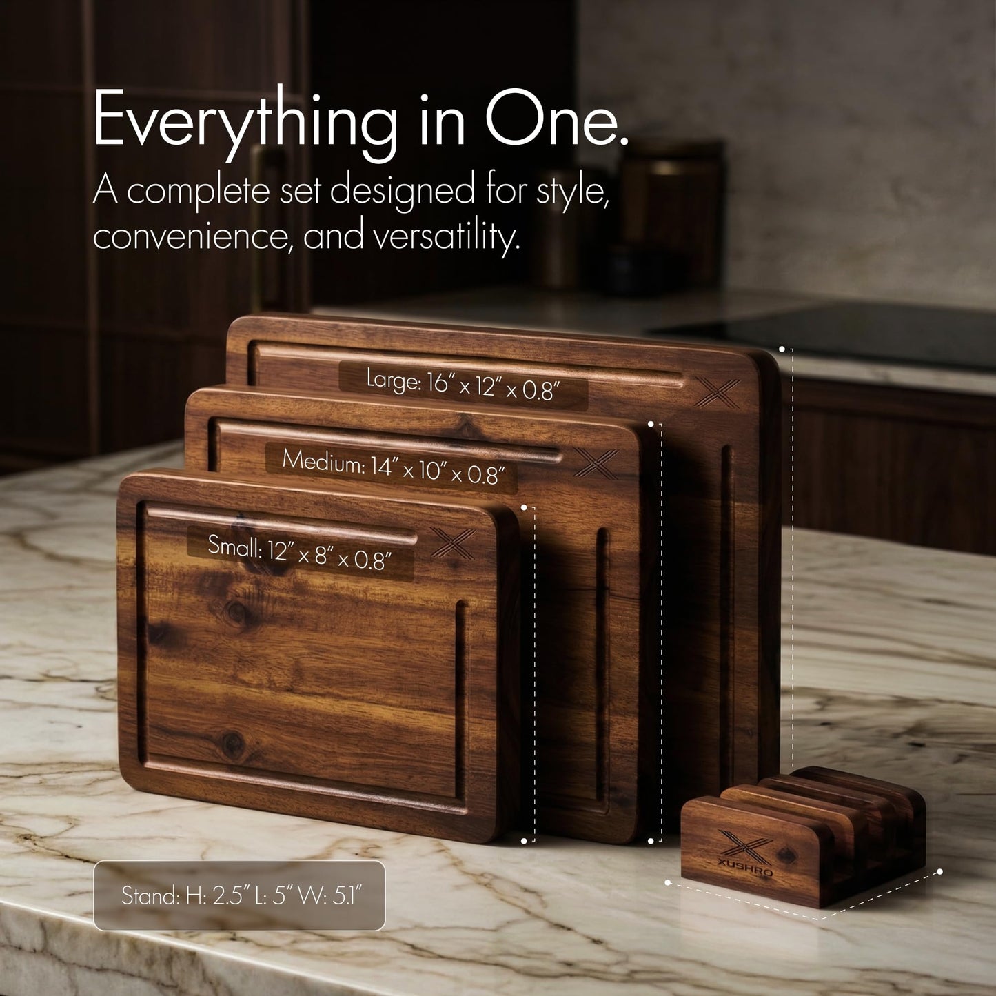 Xushro Acacia Wood Cutting Board Set of 3 with Stand - Thick Wooden Chopping Boards with Deep Juice Grooves - Non-Slip & Durable Wooden Boards for Meat & Vegetables (16x12, 14x10, 12x8) - Walnut