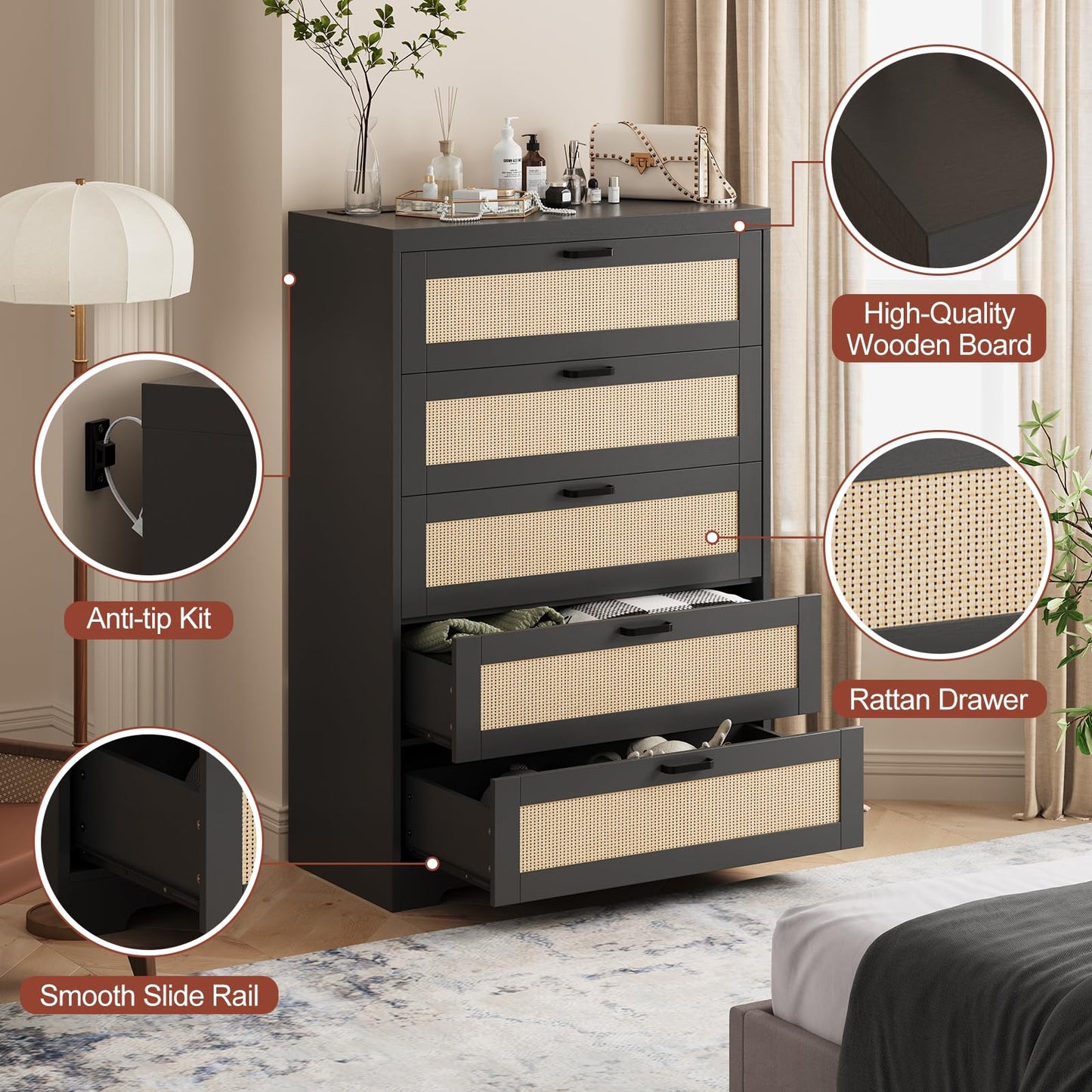 GarveeHome Rattan Dresser, Tall Chest of Drawers, Wood Dresser for Bedroom, Closet, Living Room, Hallway (Black Natural, 15.8" D x 31.5" W x 47.2" H (5 Rattan Drawers))