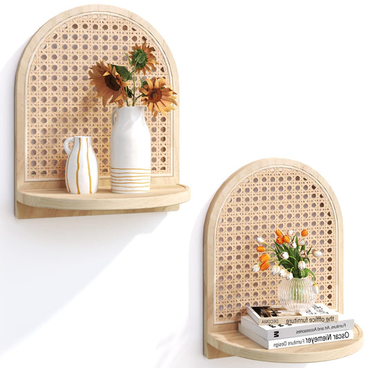 LUPWNEKA Arched Rattan Wall Shelf - Boho Rattan Floating Shelf with Grooved Edge, Unique Small Display Shelves, Natural Pine Wood Wall Decor for Bedroom, Living Room, Nursery Room, Set of 2, Natural