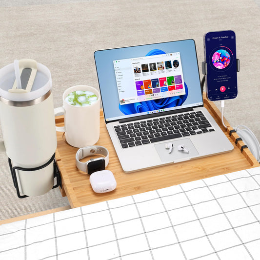 Fivebop Bedside Shelf for Dorm Bed & Top Bunk, Bamboo Bed Side Table Tray with Cup Phone Holder & Hooks, Bedside Caddy, Clip on Nightstand Bedside Storage College Dorm Room Essentials (Bamboo-1)
