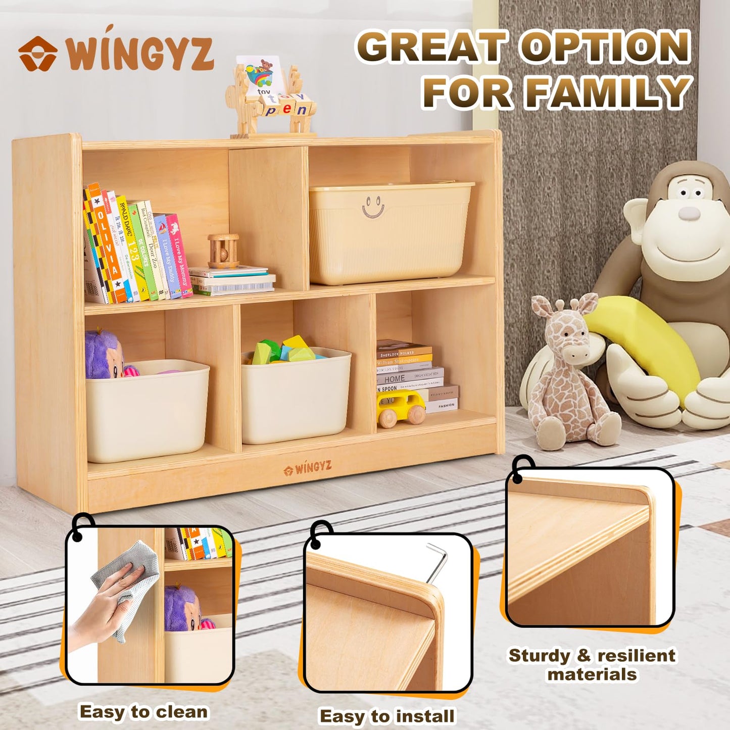 WINGYZ Wood Storage Shelf Organizer, 35.4" L, 5-Section Montessori Kids Toy & Book Shelf, Wooden Cabinet for Kids Rooms, Playroom, Classroom, Nursery, Preschool Furniture - Nature
