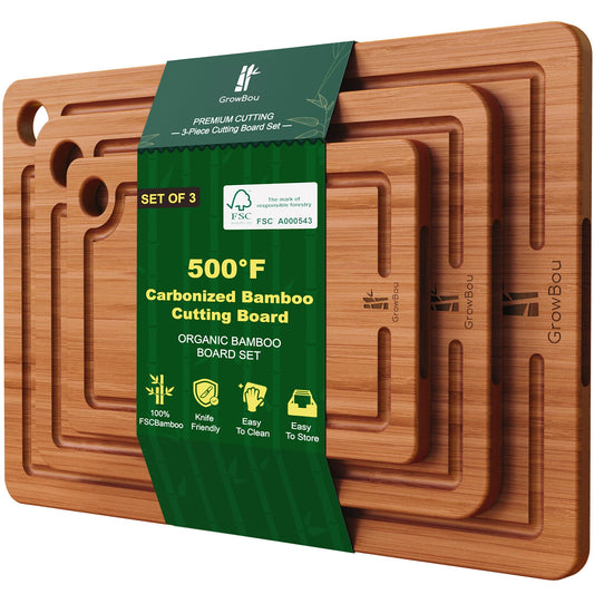 Bamboo Cutting Boards for Kitchen, 3-Piece Set with Juice Grooves, Side Handles & Non-Slip Mats – Durable Bamboo Chopping Board for Meat, Vegetables and Fruits Ideal Kitchen Gifts