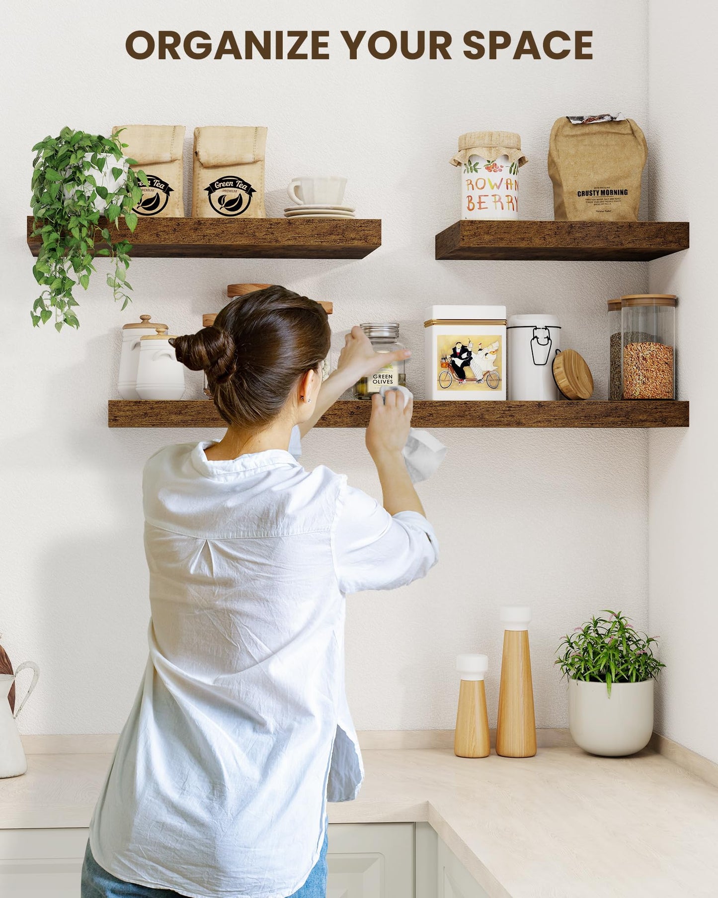 Marsmiles 40" Floating Shelves for Wall, Wooden Shelves with Invisible Brackets Set of 2, Rustic Farmhouse Wall Mounted Shelf for Kitchen Bathroom Living Room Study, Rustic Brown