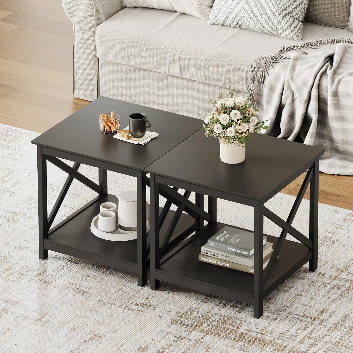 ChooChoo End Table, 24 Inch End Table with 2-Tier Storage Shelf, Side Table for Living Room, Wood Nightstand for Bedroom, Office, Painted Surface, Black