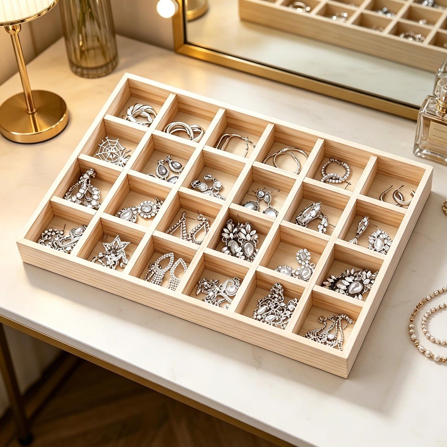 JUANERJIE Stackable 24 Compartments Wood Display Tray, Wooden Grid Sorting Organizer Tray, Versatile Showcase Storage for Jewelry, Accessories, Ties and Daily Small Items