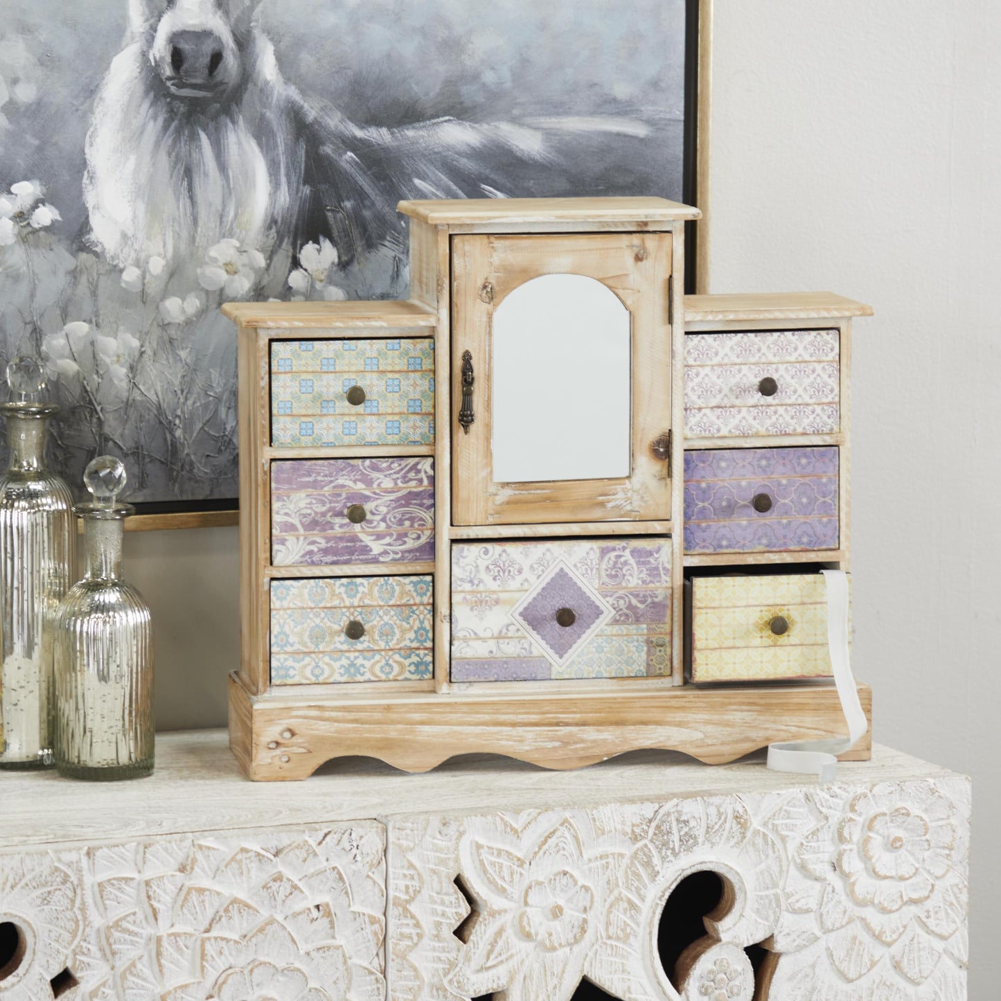 Deco 79 Wooden Decorative Jewelry Box 7 Drawers Jewelry Organizer with Patchwork Patterns, Jewelry Holder 18" x 6" x 16", Light Brown