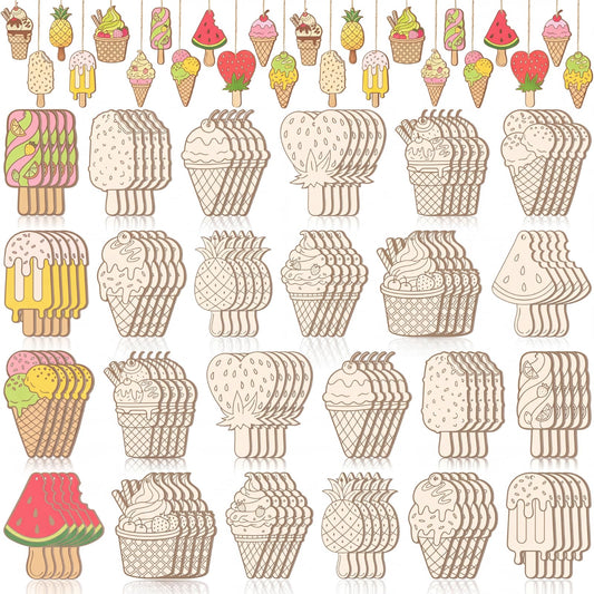 Thyle 120 Pcs Summer Ice Cream Crafts Bulk Wooden Ice Cream Ornaments to Painting DIY Unfinished Blank Wood Cutout for Crafts for Summer Party Activities