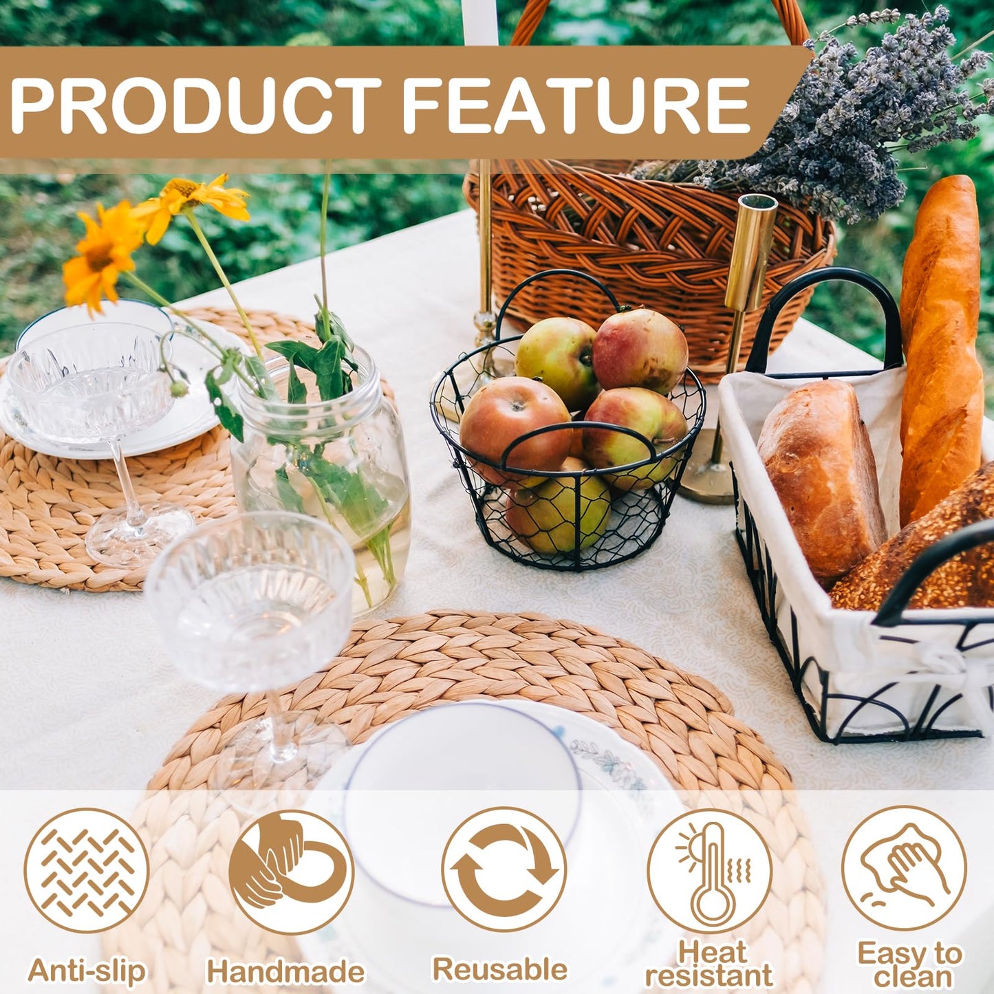 24 PCS Round Woven Placemats Set, 8 Boho Rattan Tablemats 13" Natural Water Hyacinth Farmhouse Place Mats with 8 Napkin, 8 Wooden Beads Napkin Ring for Kitchen Dining Table Decor Wedding Christmas