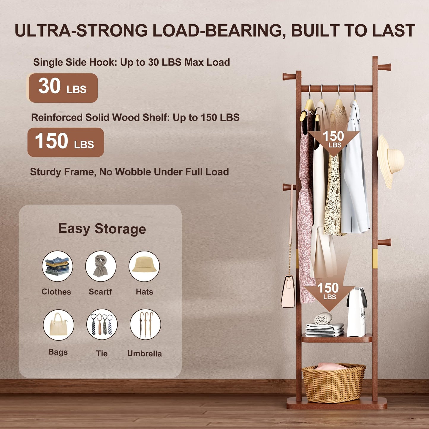 KIRROUS Solid Wood Coat Rack Freestanding, Clothing Rack with 5 Hooks & Bottom Shelf, Heavy Duty Coat Rack Stand for Hanging Clothes, Wood Hall Tree Organizer for Entryway, Bedroom (Walnut Brown)