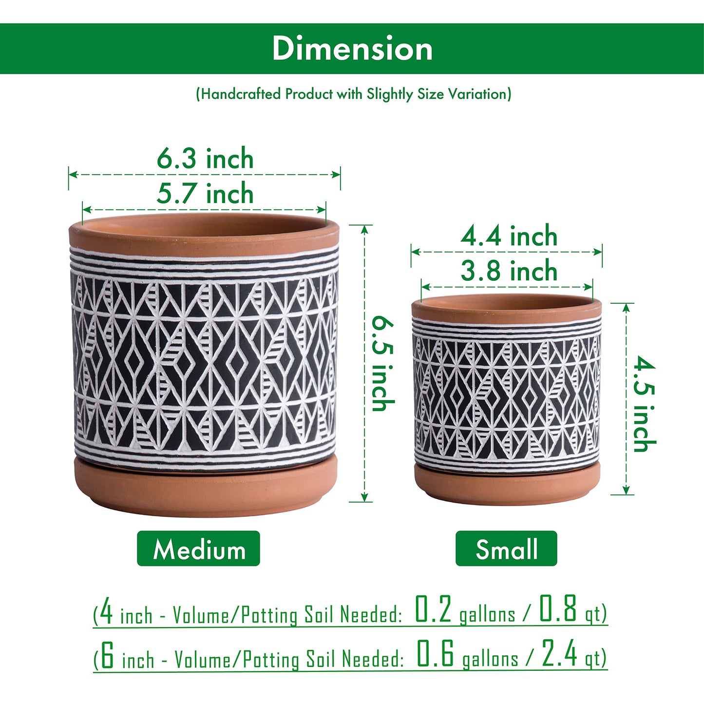 D'vine Dev Set of 2 Terracotta Pots, Diamond Pattern Planter Pot, 4 Inch and 6 Inch, Pot with Drainage Hole and Saucer, Terracotta/Black, 31-958-G-2