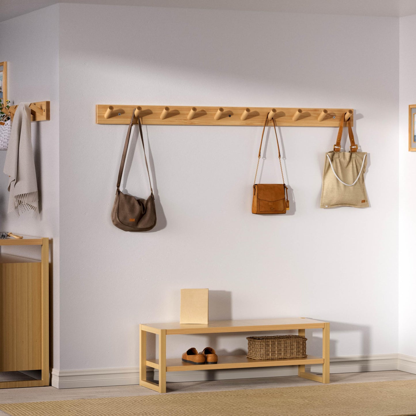 SKOLOO Wood Coat Rack Wall Mounted,10 Peg Long Bamboo Hook for Hanging Backpack Coat Towel Hat,16'' Hole to Hole,Pack of 2,Natural