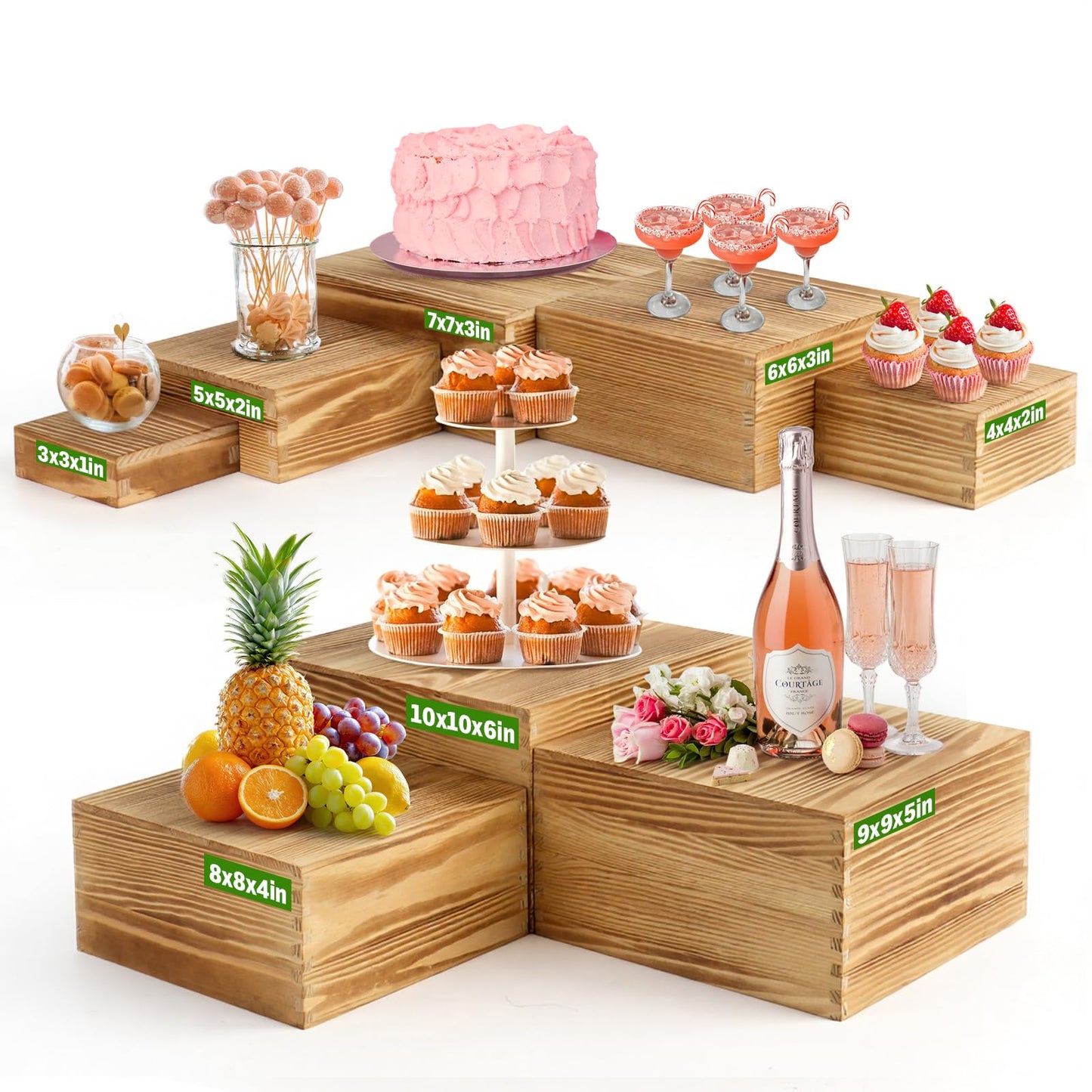 Budiwati 8-Pack Pine Wood Buffet Risers, Multi-Size Nesting Cube Food Display Stands for Buffet Table & Catering, Hollow Bottoms Food Risers for Multi-Level Buffet Presentation