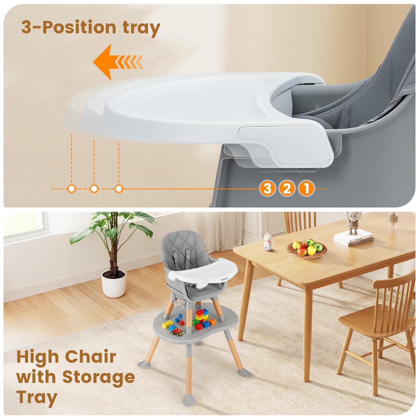 Ezebaby 8-in-1 Baby High Chair, Convertible High Chair for Babies and Toddlers/Booster Seat/Toddler Chair/Table & Chair Set/Kids Stool, Wood Highchair with Removable Tray, Seatbelt, PU Cushion (Gray)