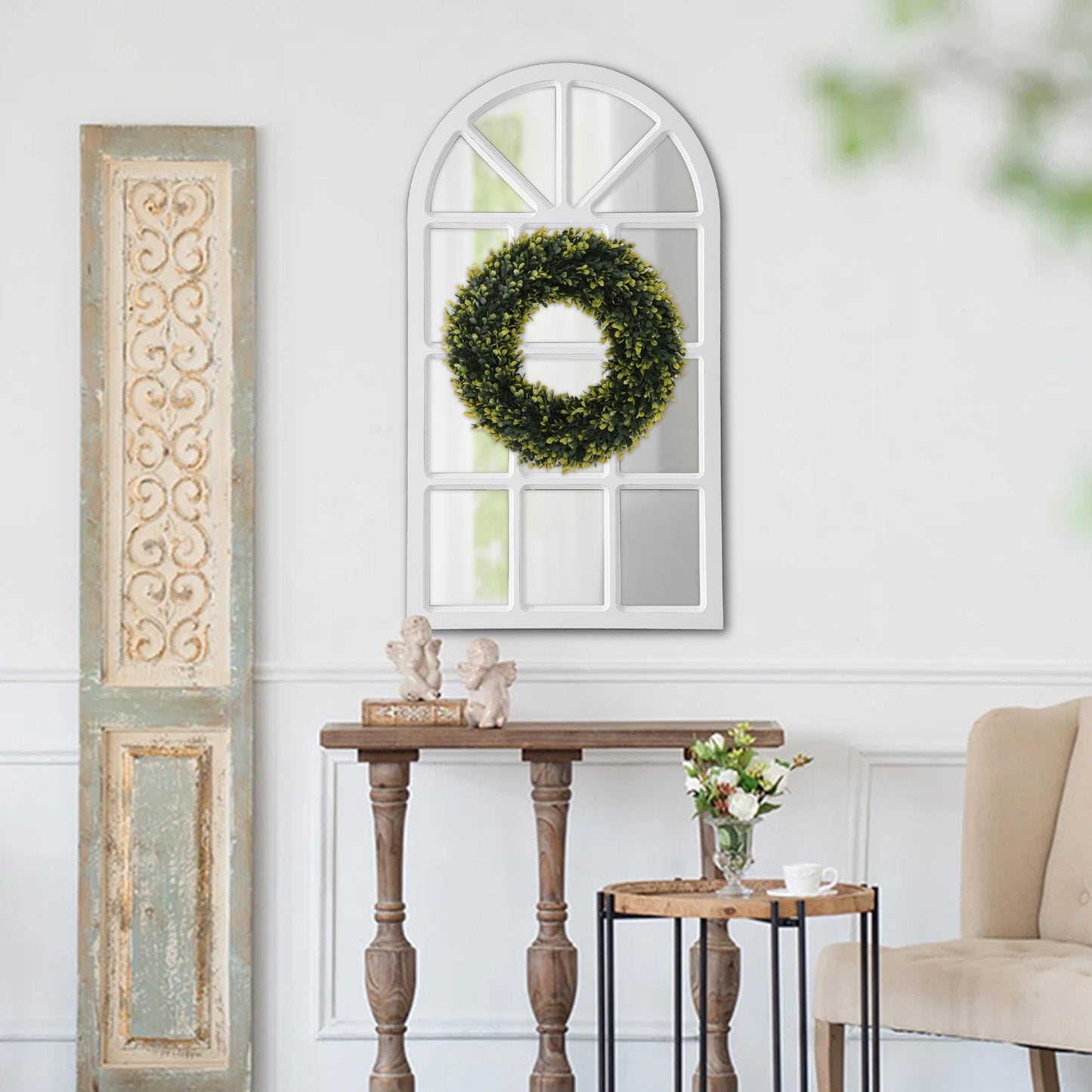 Sintosin Rustic Arched Window Pane Mirror 20 X 36 Inch, Hanging Distressed White Window Mirrors for Wall Decor, Farmhouse Cathedral Wooden Wall Mirror for Living Room Bedroom Fireplace Hallway