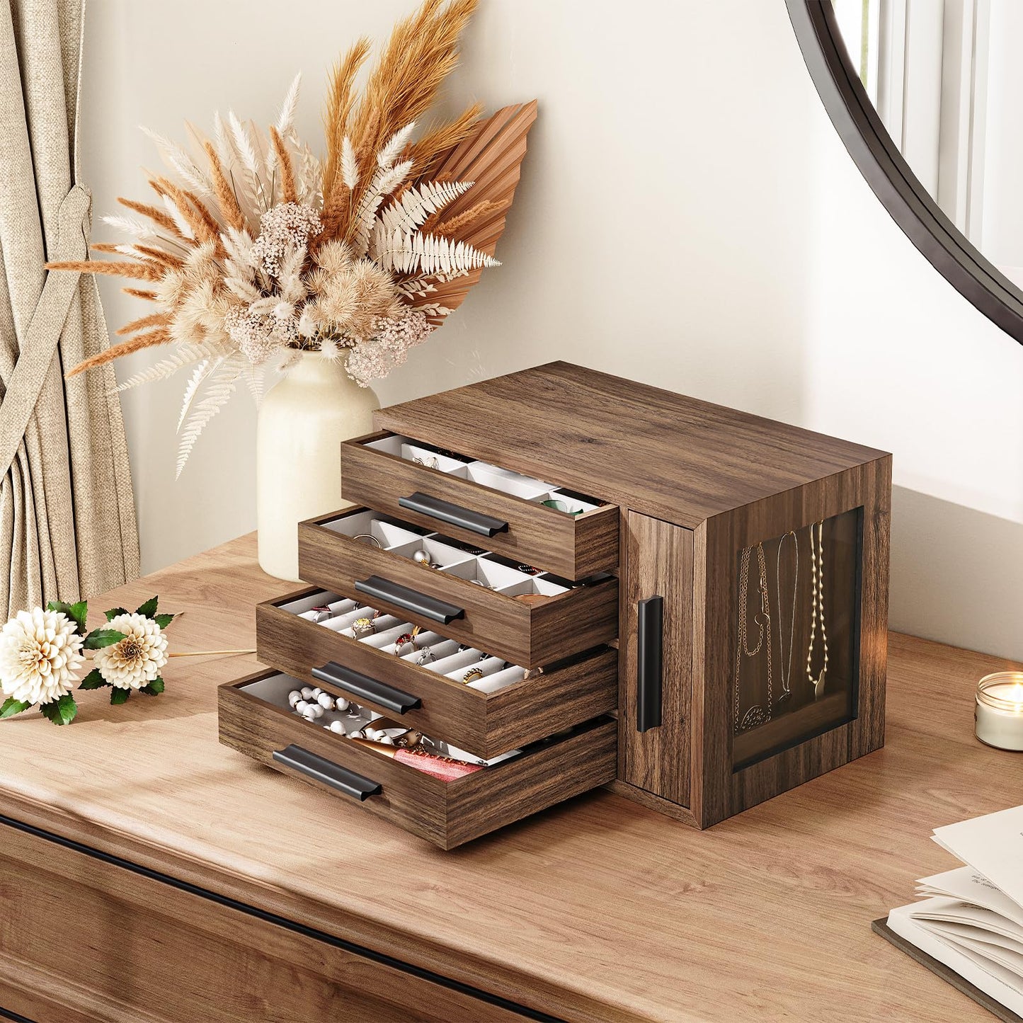 HOOBRO Jewelry Box for Women and 5-Tier Jewelry Box Bundle, Wooden Jewelry Organizer with Transparent Window, Jewelry Storage Box with 2 Vertical Drawers, BH09JB04-BH19JB04