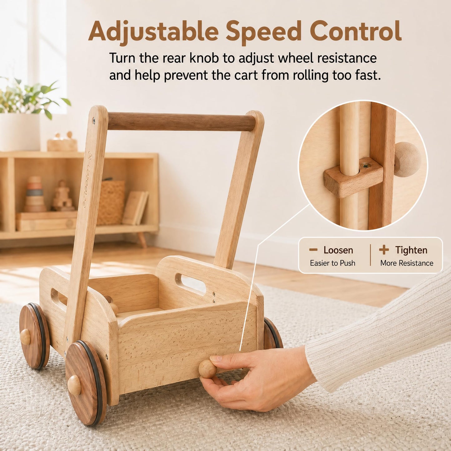 Woodtoe Wooden Baby Walker, Adjustable Speed Baby Push Walker, Montessori Push Toys for Babies Learning to Walk, Educational Walking Toys Gift for Toddler Boys Girls 1 2 3 Years Old