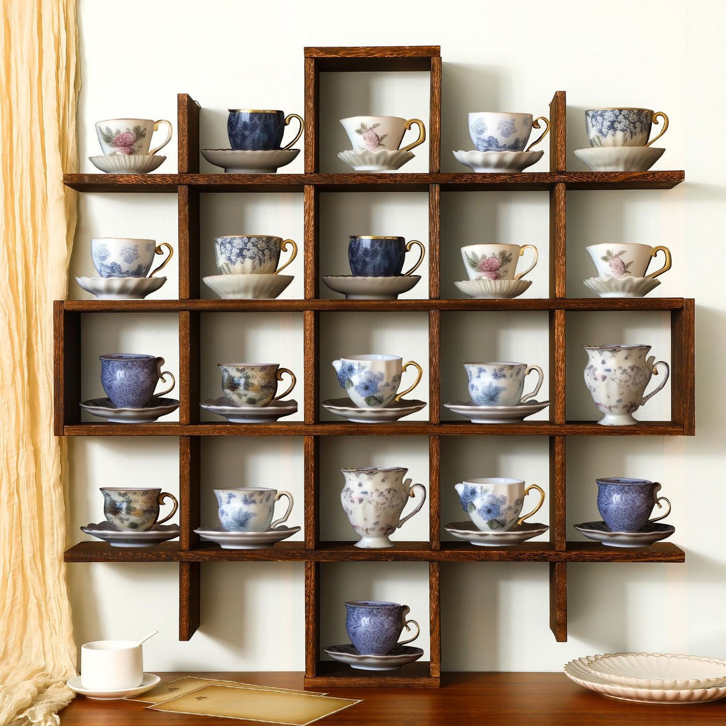 Suzile Oversize Tea Cups and Saucers Shelf Rustic Wooden Coffee Display Shelves Wooden Floating Curio Shelf Mounted Tea and Saucer Rack Holder for Kitchen Station Bar Accessories(Brown)