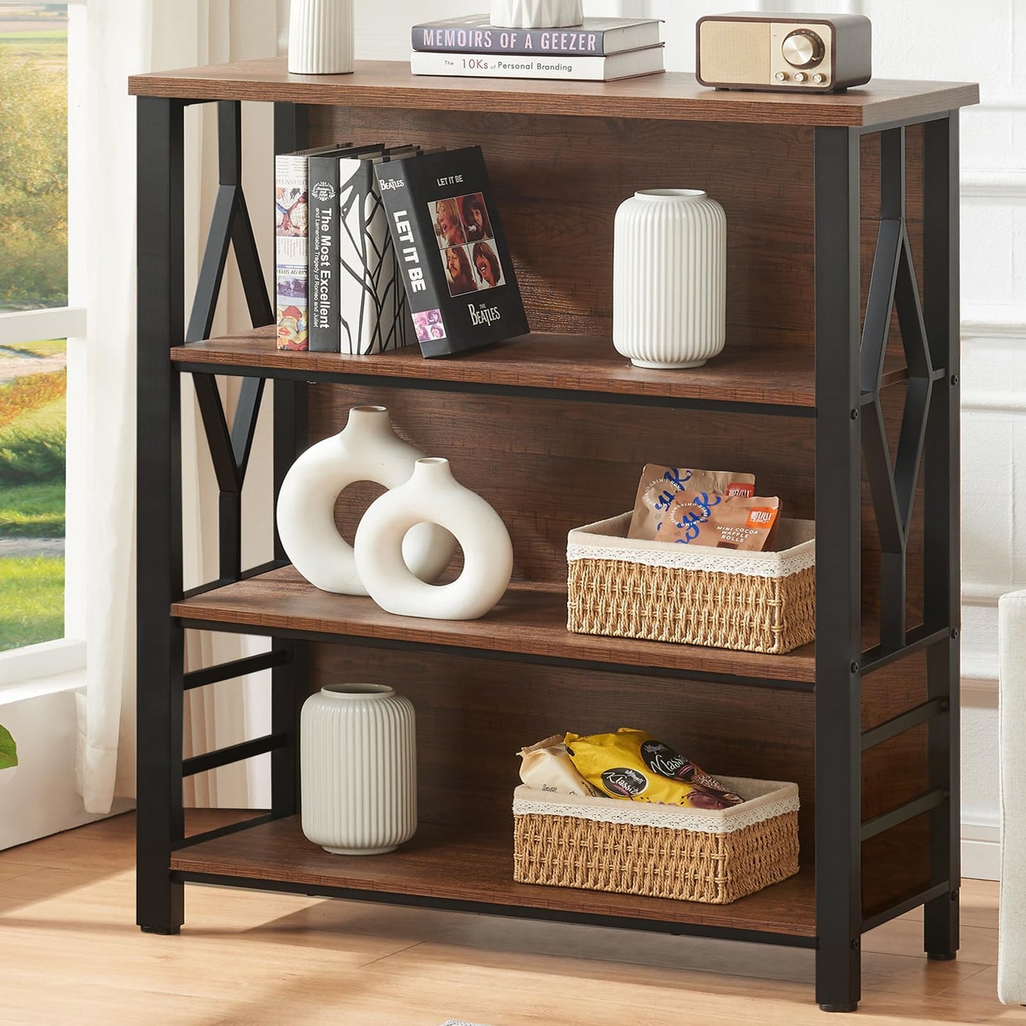 HOMISSUE Bookshelf, 4-Tier Rustic Short Bookshelf, Industrial Shelf Bookcase with Engineered Wood Shelves, Low Bookcase with Storage, Small Shelf for Living Room, Bedroom and Office, Rustic Brown