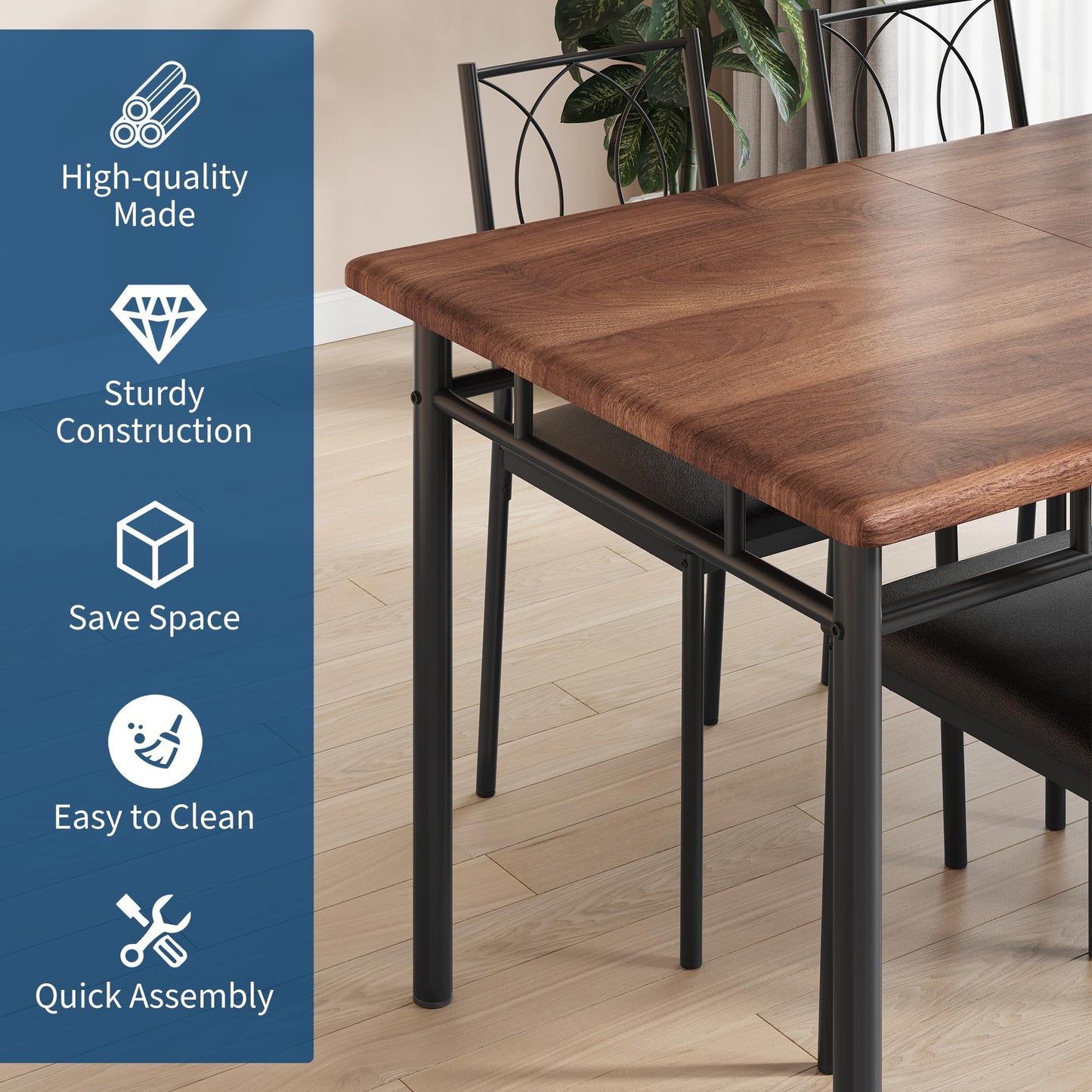 IDEALHOUSE Space-Saving 5-Piece Dining Table Set for 4 – Farmhouse Wooden Table with Upholstered Chairs – Compact Dining Furniture for Small Spaces, Easy to Clean – Walnut Color