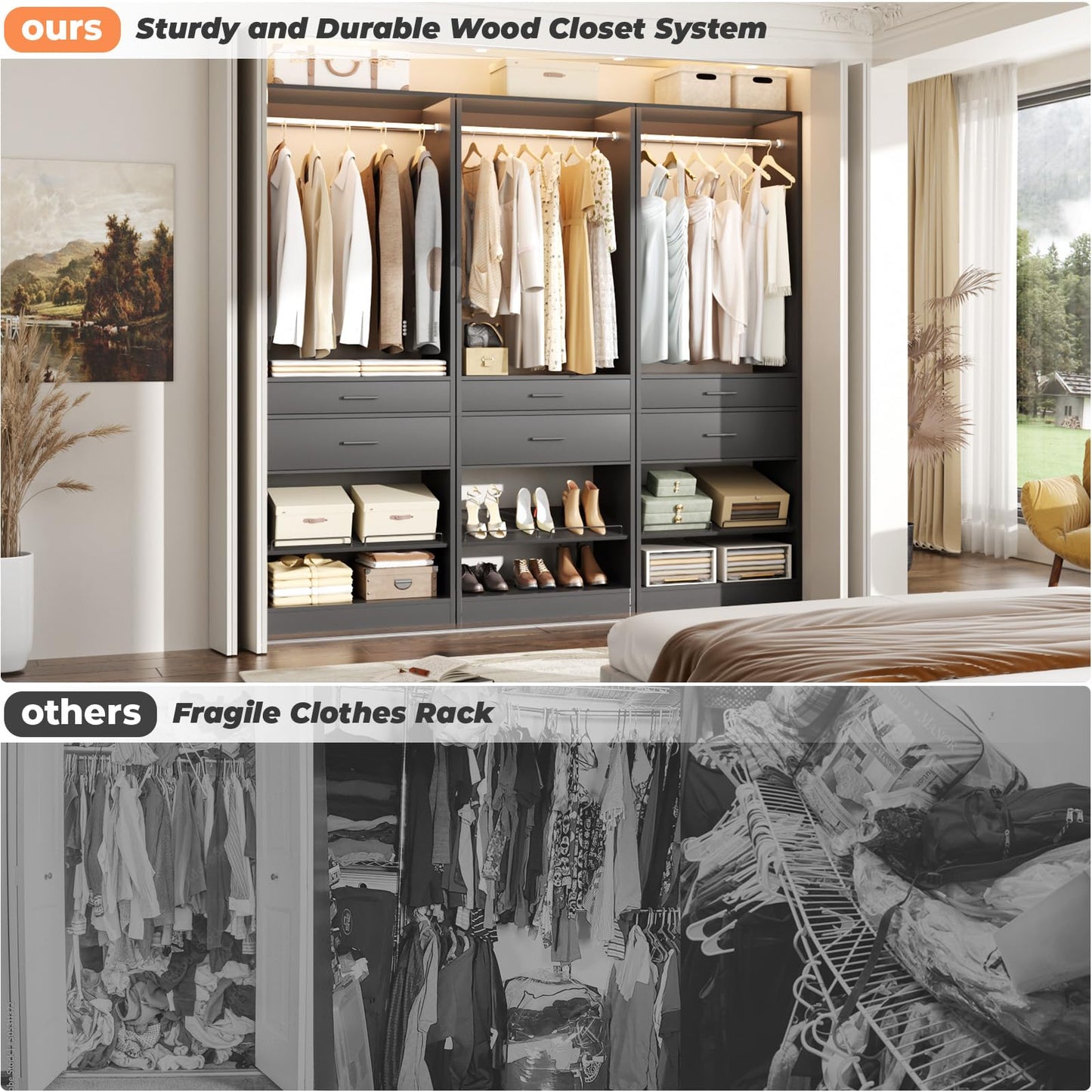 Unikito 25" W x 80" H Closet Organizer Storage with Hanging Rod and 2 Wooden Drawer, Adjustable Angled Shoes Rack, Sturdy Garment Racks, Walk-in Closet Tower for Bedroom, Mudroom, and Entryway, Black