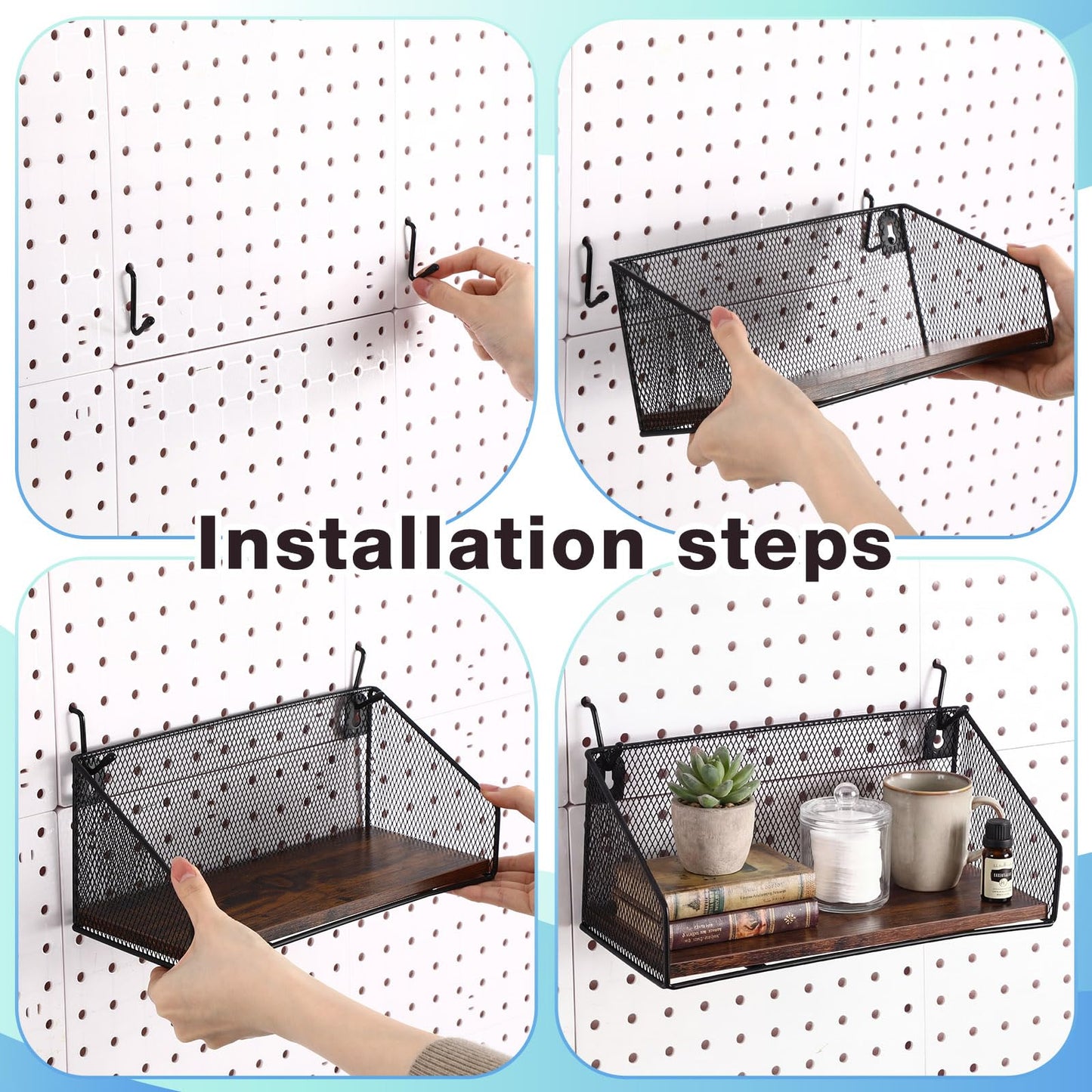 Ferrochef 3 Pack Pegboard Shelves with Hooks, Wall Mounted Grid Shelves, Pegboard Organizer Bins with Wooden Base, Heavy Duty Peg Board Storage Accessories for Kitchen, Bathroom, Garage, Office(Black)