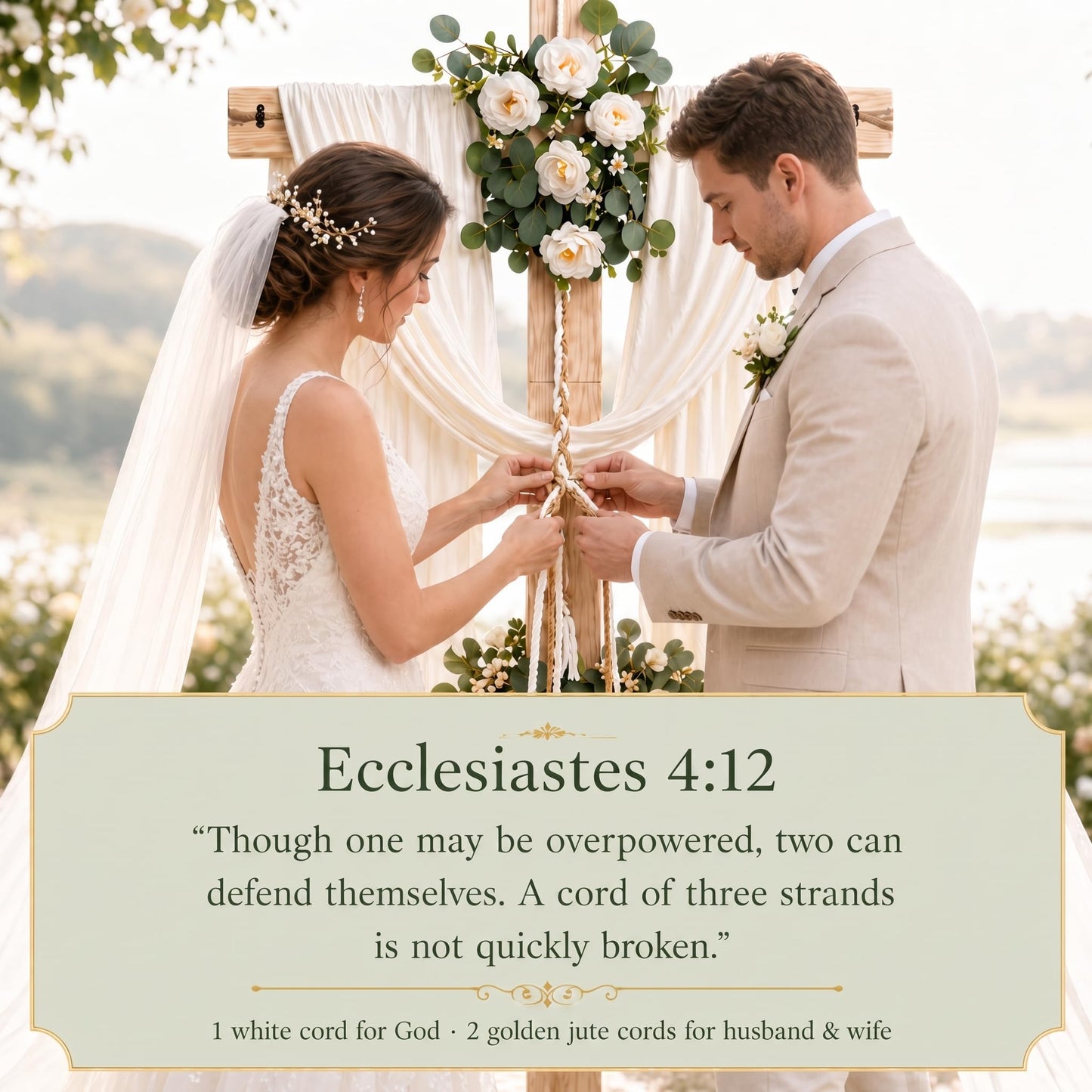 71 Inch Wedding Large Wood Cross, A Cord of Three Strands Wedding Ceremony Sign – White Chiffon Drape, Rose Flower Swags, Large Standing Christian Altar Cross for Outdoor Indoor Ceremony and Reception (White)